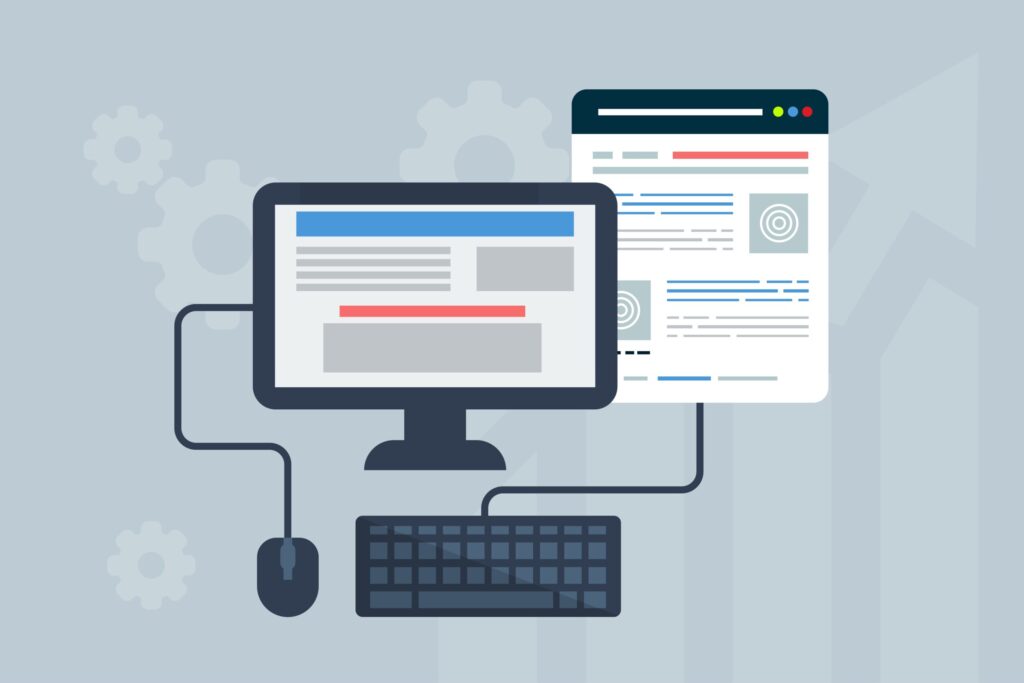Graphik von einem Bildschirm mit Maus und Tastatur für Webdesign und Webentwicklung