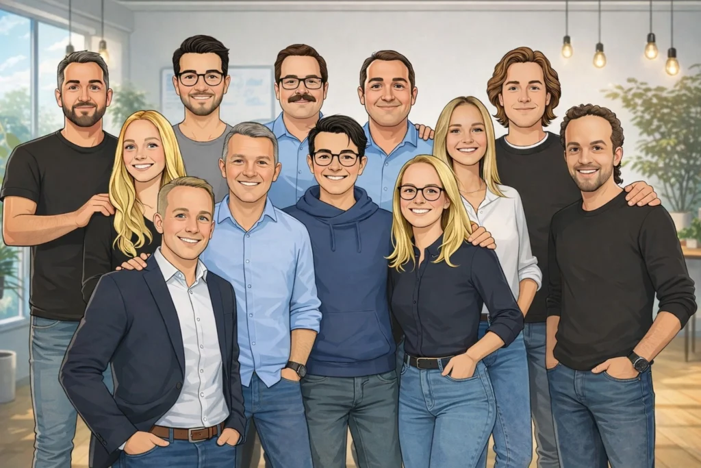 Comic-Teamfoto von allen Mitarbeitern von DIAWA, Familienbetrieb aus Graz